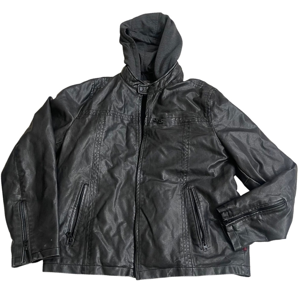 Levis Mens Black Faux Leather Moto Jacket Grey Hooded Quilted Lined Large